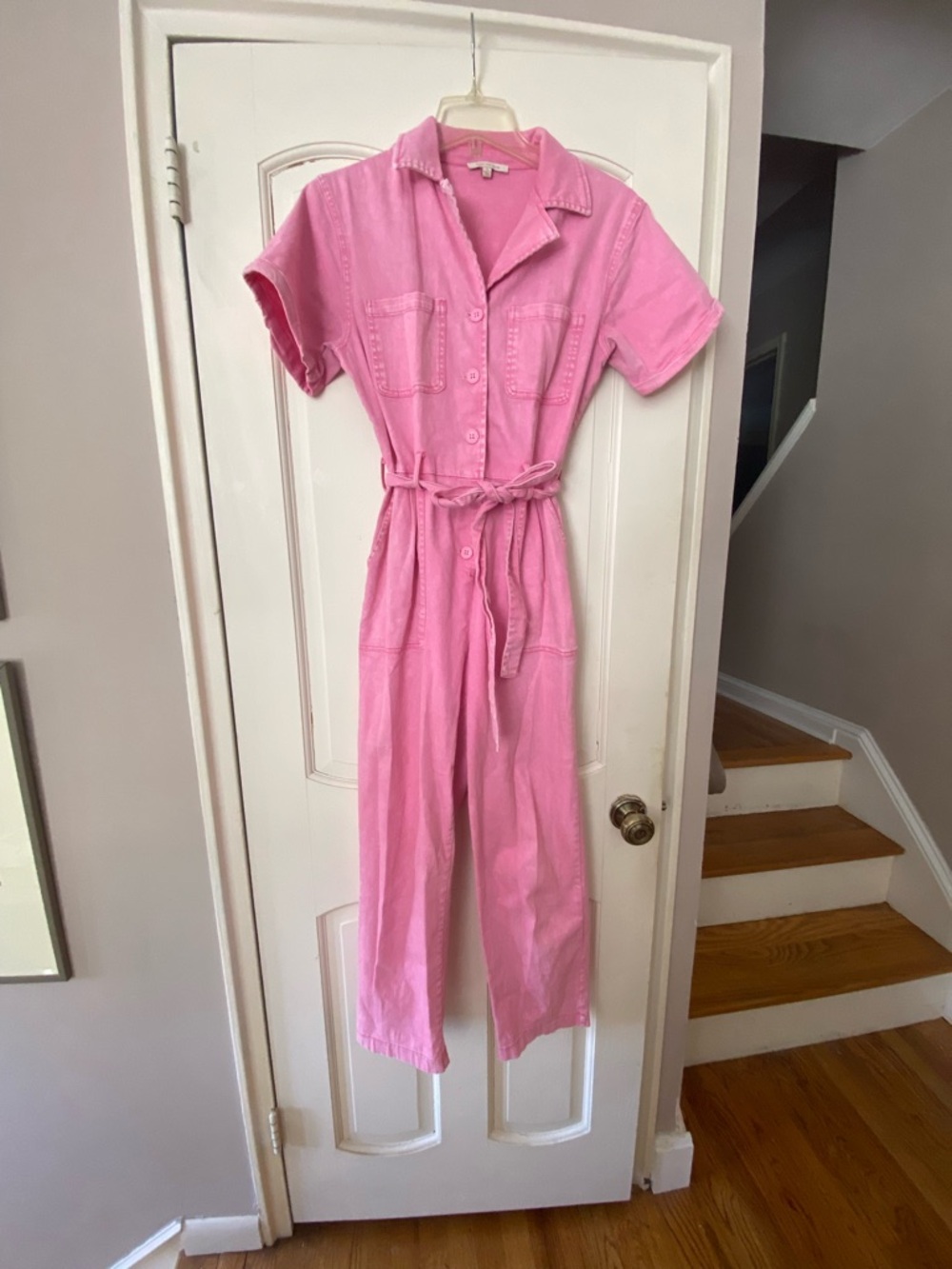 Skies Are Blue Pink Short-Sleeve Utility Jumpsuit with Tie Waist